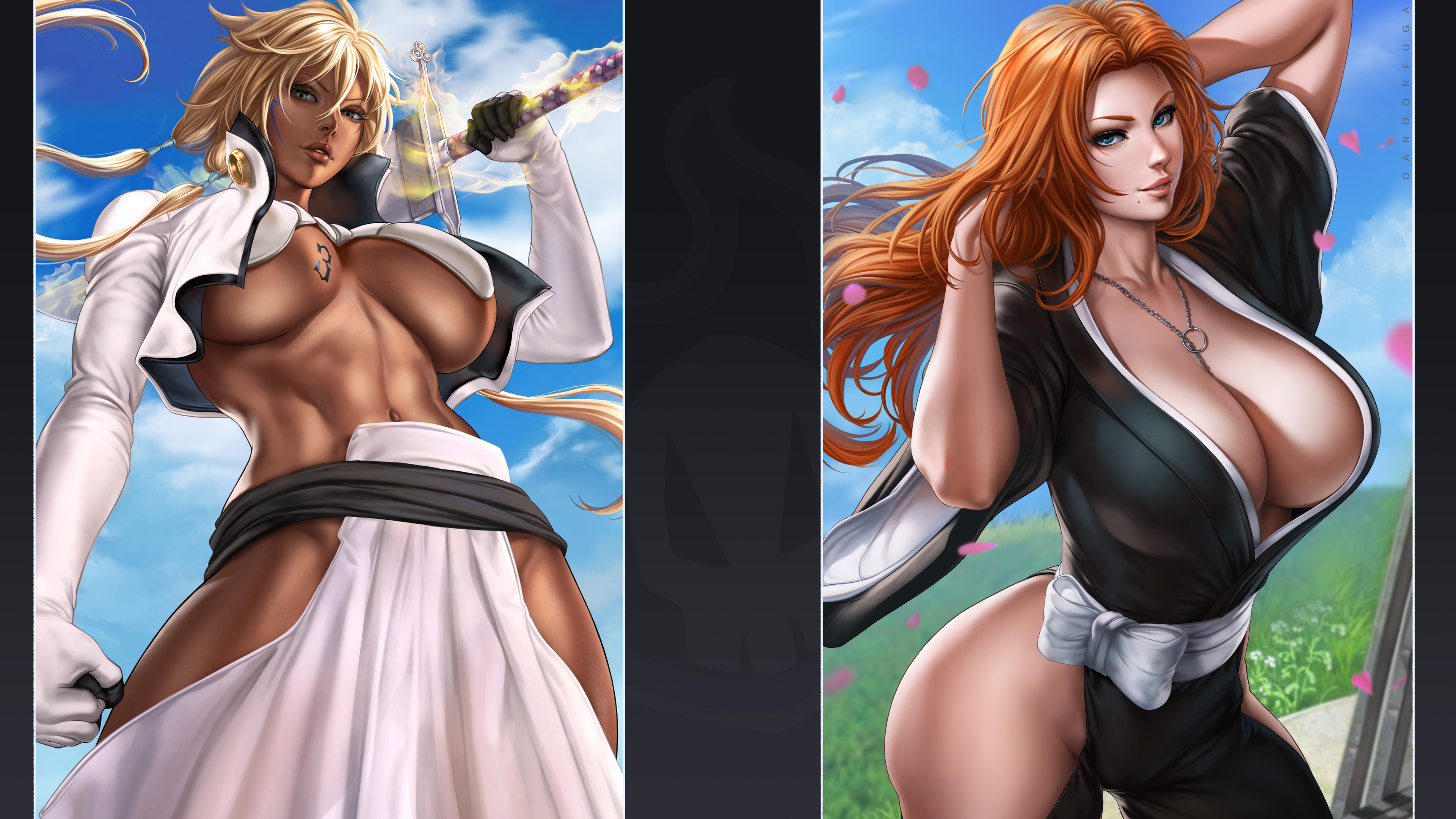 16:9 aspect ratio, 2girls, abs, beauty mark, big breasts, bleach, blonde hair, blue eyes, breasts, cleavage, clothed, clothing, dandon fuga, dark skin, dark-skinned female, female, female only, ginger, green eyes, hakama, hip vent, hips, holding weapon, jewelry, large breasts, looking at viewer, matsumoto rangiku, midriff, necklace, smile, sword, tia harribel, toned, toned female, underboob, weapon