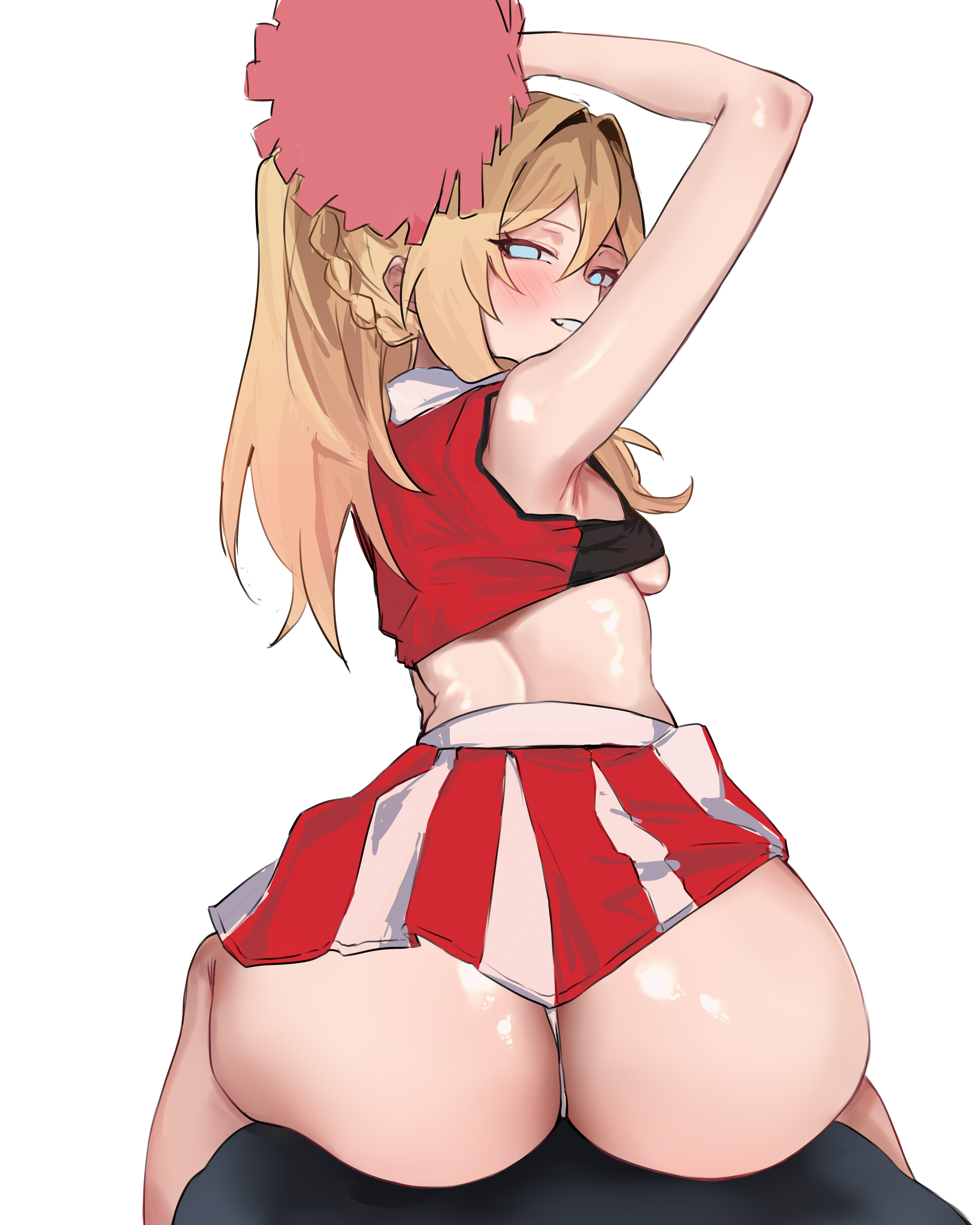 1girls, ass, big ass, blonde female, blonde hair, breasts, cheerleader uniform, durandal (honkai impact), female, honkai (series), honkai impact 3rd, imkay 3, looking at viewer, skirt, underboob