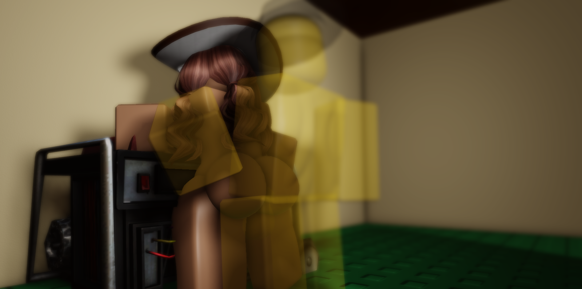 1boy, 1girls, 3d, alternate angle, ambiguous penetration, backshots, blush, brown hair, closed eyes, dark skin, dark-skinned female, dominant male, dream game, female, forsaken (roblox), from behind, hat, holding partner, mafioso (dream game), male, nashatra bealdhild, nyxwastaken, rear view, roblox, roblox game, robloxian, self upload, sex, tagme, transparent body, yellow-skinned male