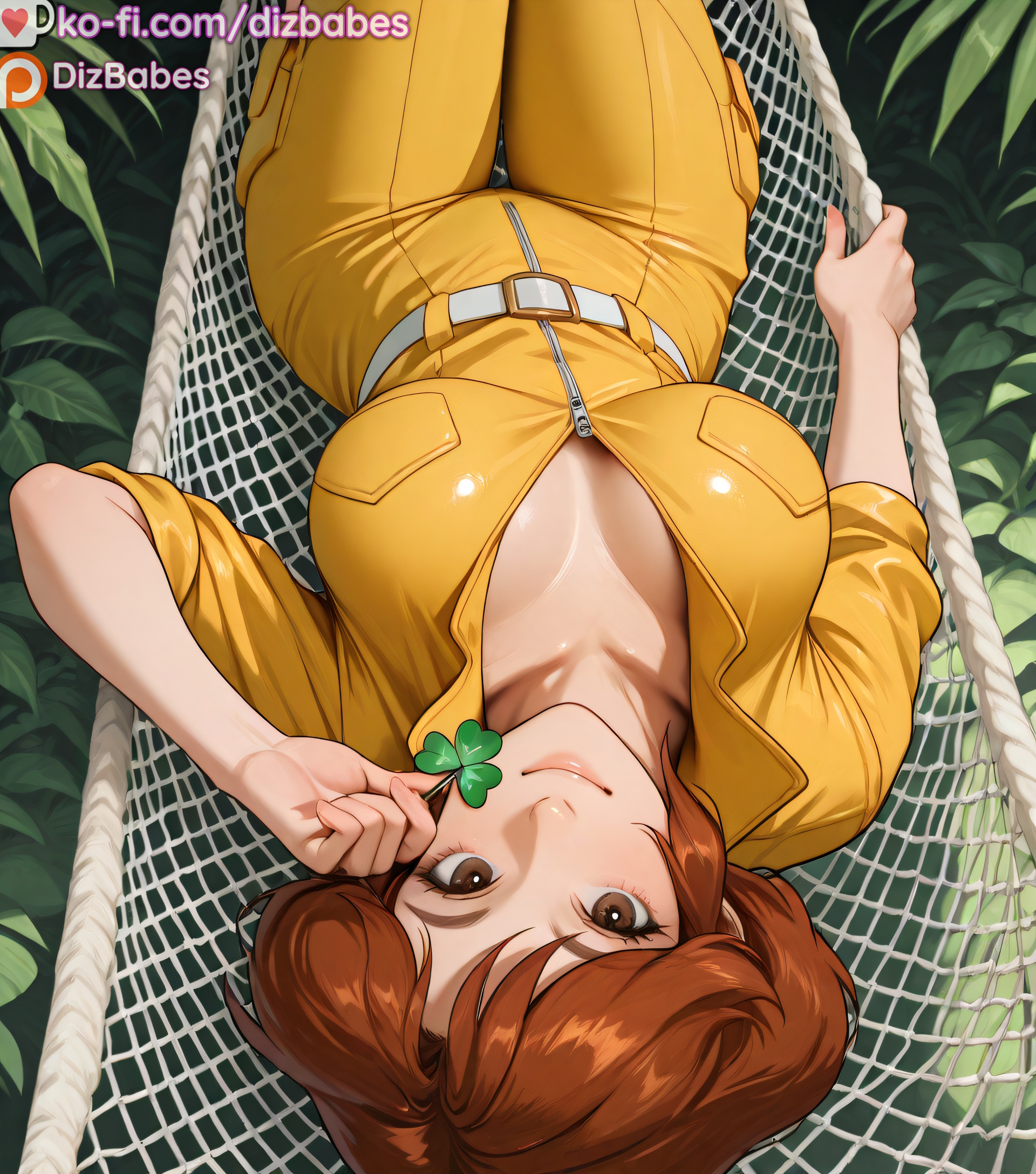 1girls, ai generated, april o'neil, april o'neil (tmnt 1987), cleavage, clover, dizbabes, female, ginger, hammock, irish, looking at viewer, outdoors, shamrock, solo female, stable diffusion, teenage mutant ninja turtles, yellow jumpsuit