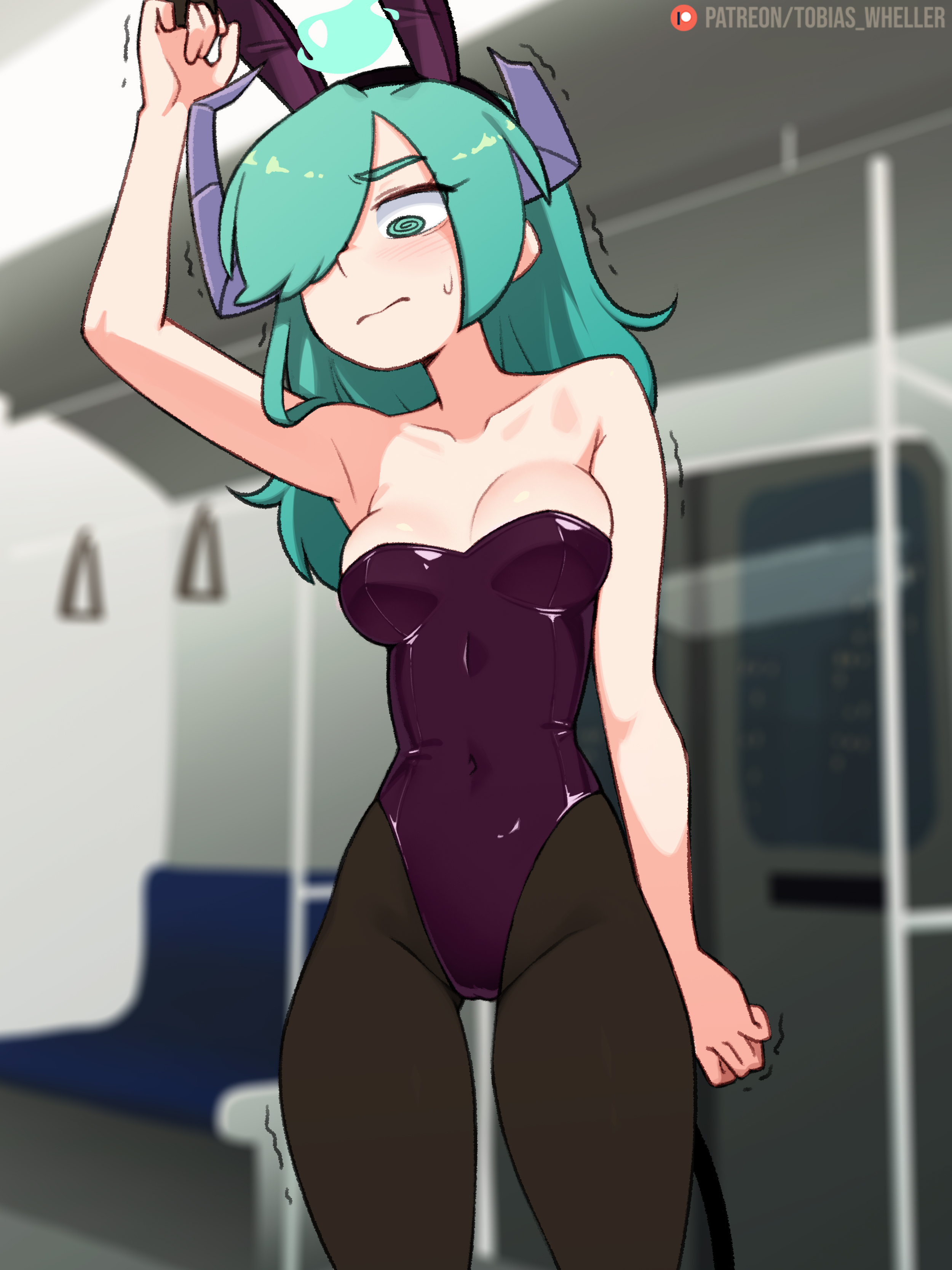 blue hair, bunnysuit, embarrassed, female, public, rylee (tobias wheller), solo, subway train, tobias wheller
