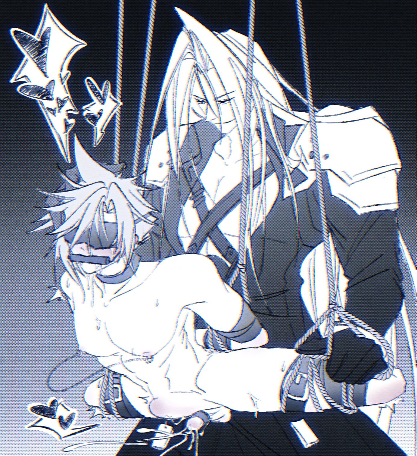 2boys, belly bulge, blindfold, bondage, bulge, cloud strife, final fantasy, final fantasy vii, gagged, gay, gay sex, male, nipple piercings, pierced nipples, restrained, semen, sephiroth, shou49hi, stomach bulge, suspended, suspension, tagme, yaoi