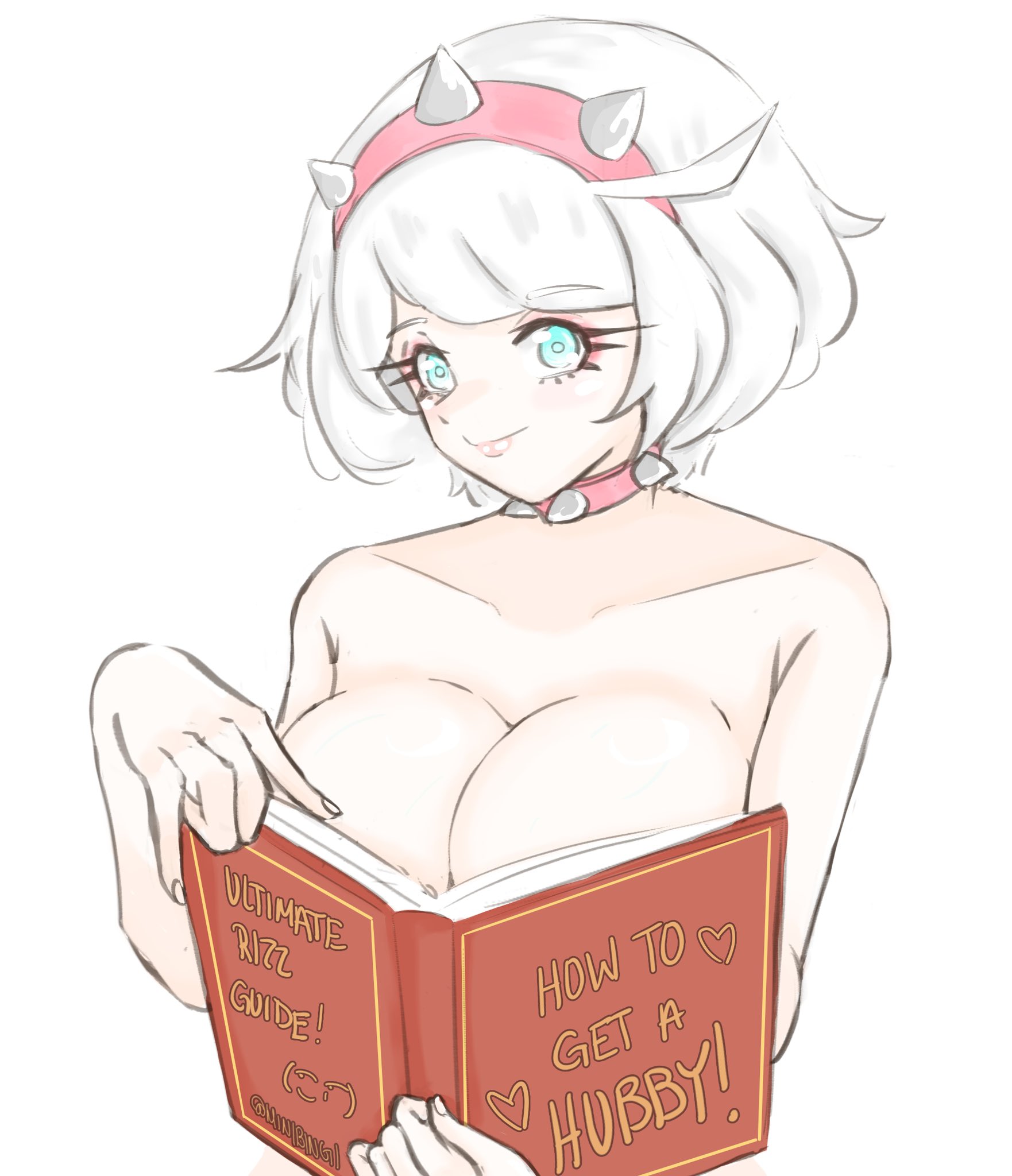 1girls, 2d, artist request, big breasts, blue eyes, book, book covering breasts, breasts, busty, covering breasts, elphelt valentine, eyebrows visible through hair, female, female focus, female only, guilty gear, highres, large breasts, meme, meme reference, ouch meme, short hair, simple background, smile, spiked collar, spikes, upper body, white background, white hair