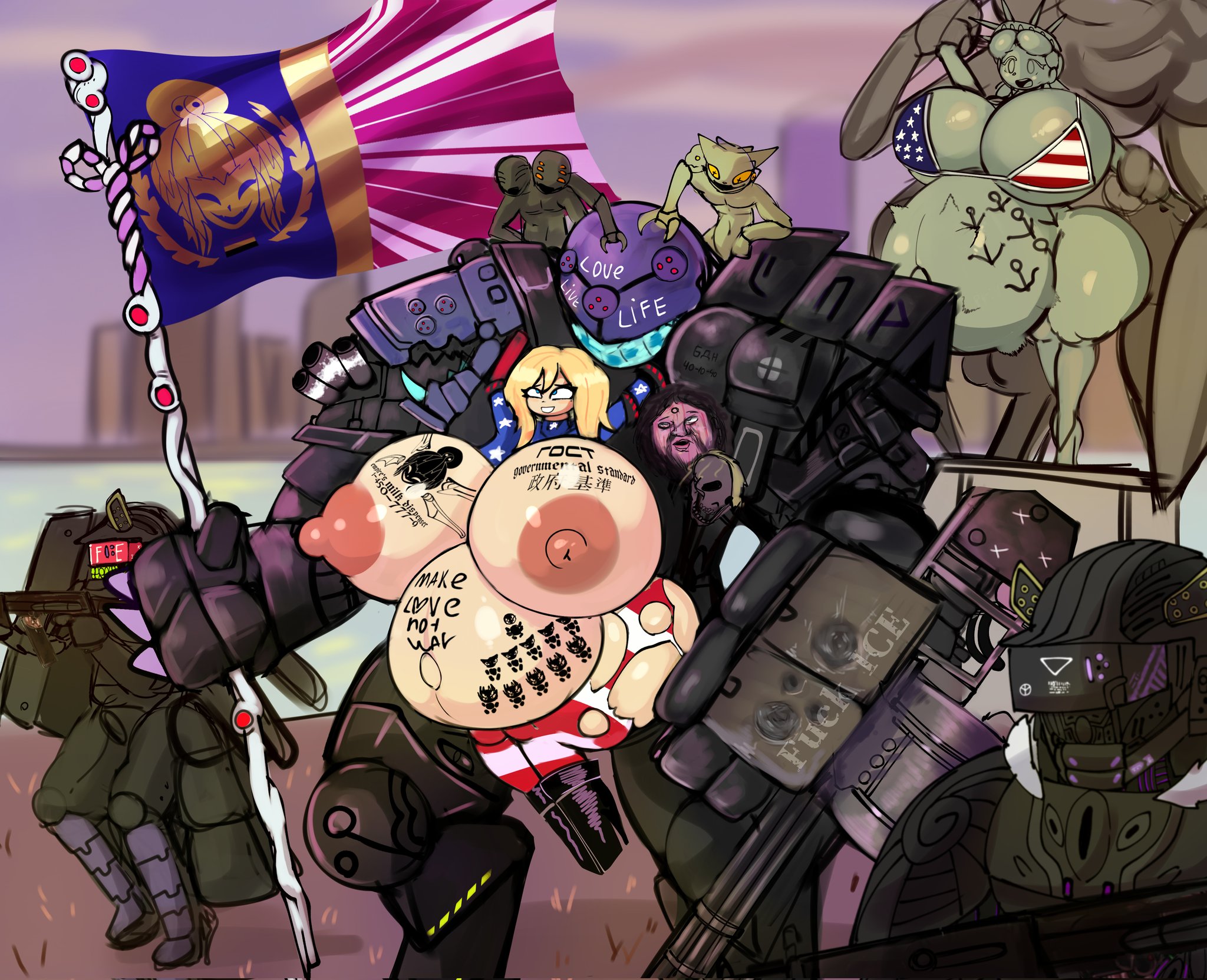 4th of july, armor, ass, balls, belly riding, black scar (khadhunter7), branded, branding mark, breasts, conquered, female, fine art parody, huge ass, huge balls, huge breasts, huge butt, huge cock, huge penis, hyper breasts, hyper pregnancy, invasion, khadhunter7, lady liberty, lurker (species), lurkered, male, massive ass, massive breasts, massive butt, massive penis, massive thighs, meat shield, penis, pregnancy tally, pregnant, slave, statue of liberty