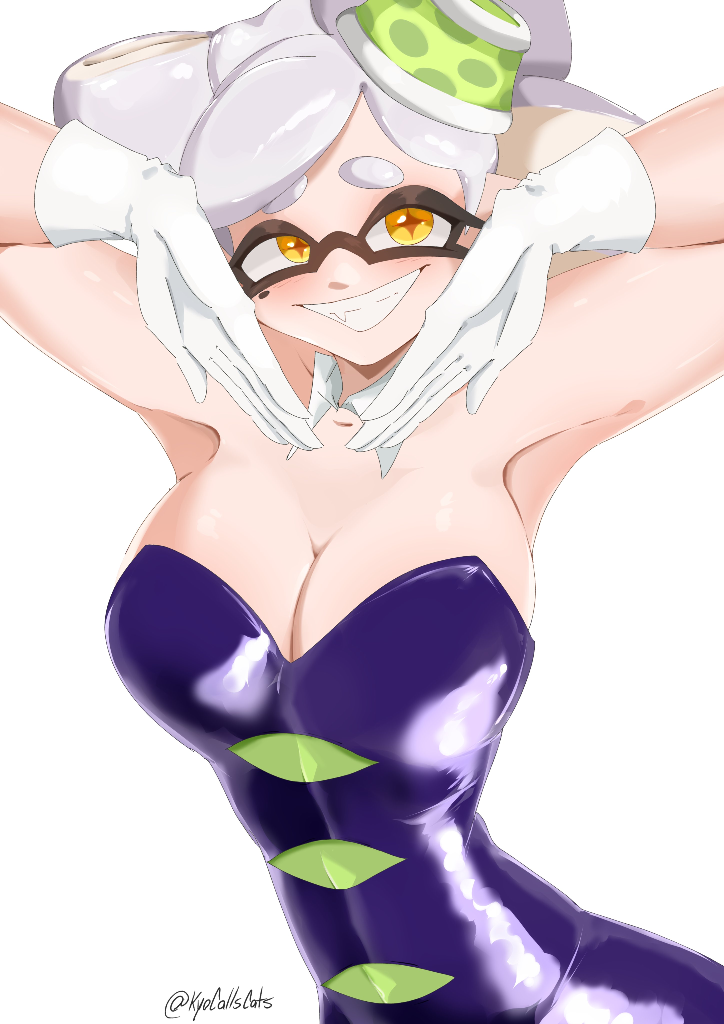 1girls, breasts, cleavage, detached collar, digital drawing (artwork), digital media (artwork), female, female focus, female only, gloves, headgear, headwear, inkling, kyocallscats, large breasts, looking at viewer, marie (splatoon), milkytwinkers, mole, mole under eye, nintendo, pose, posing, posing for the viewer, simple background, splatoon, splatoon (series), squid sisters, tentacle hair, twitter username, watermark, white background, white gloves