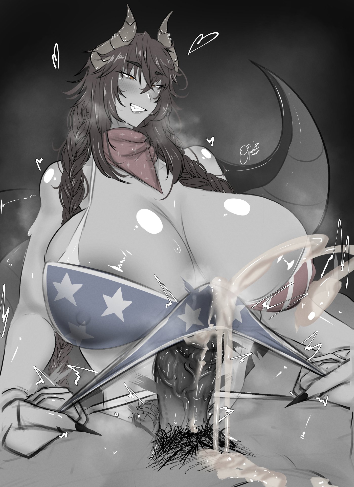 1boy, 1girls, american flag bikini, bikini, breasts, dragon girl, dragon horns, erection, female, female focus, flag bikini, horns, huge breasts, male, monochrome, ophimon, penis, unseen male face, virtual youtuber, vshojo, zentreya, zentreya (cowboy bikini)