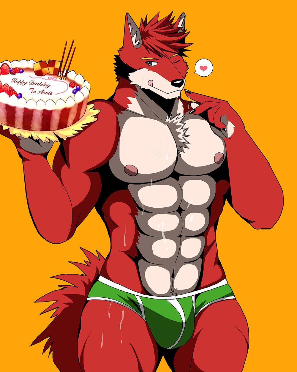 abs bearlovestiger13 briefs bulge cake canine chest_tuft clothed clothing food front_view fur green_underwear heart male male_only mammal muscular muscular_male one_eye_closed red_fur skimpy topless tuft underwear wink wolf wolfred