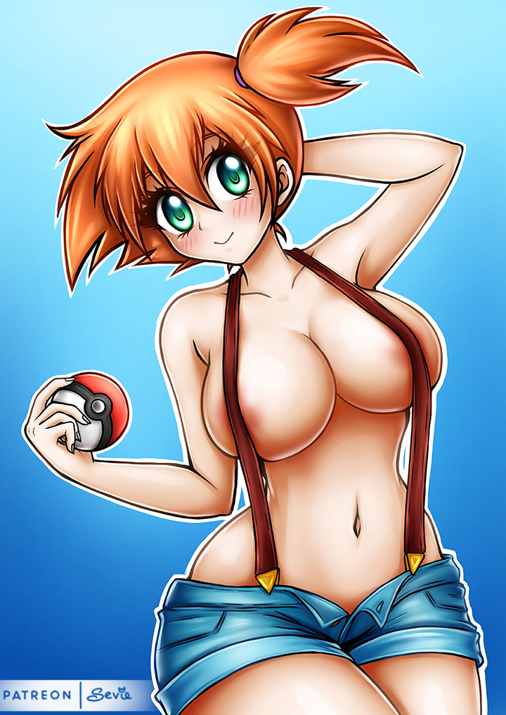 areolae, big breasts, blush, blushing, breasts, cleavage, curvy, female, female only, huge breasts, human, human only, kasumi (pokemon), large breasts, looking at viewer, pokemon, sevie, solo