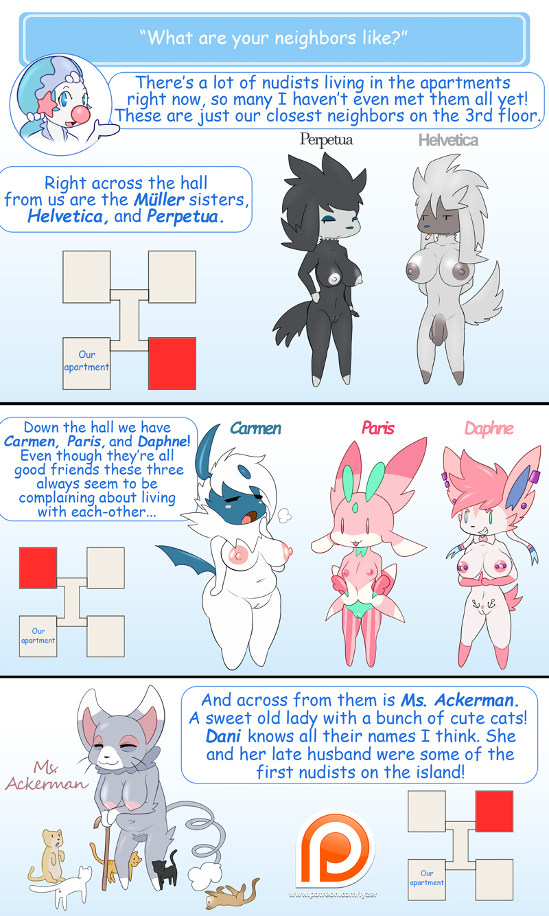 2017 absol anthro areola balls breasts carmen_(lysergide) chibi comic dalpne_(lysergide) dialogue dickgirl eeveelution english_text female furfrou glameow hi_res intersex lurantis lysergide nintendo nipples paris_(lysergide) patreon penis pokémon_(species) pokemon pokemon_(species) prilly_(lysergide) primarina pussy sylveon text video_games