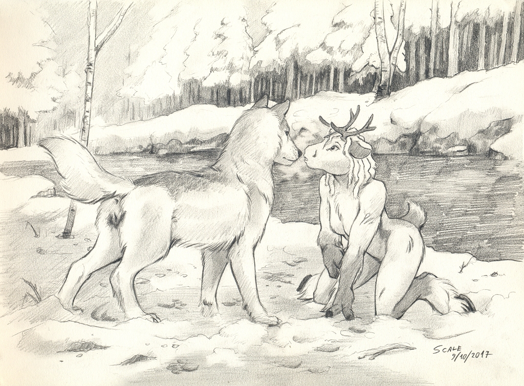 2017 animal_genitalia animal_pussy anthro antlers anus breasts canine canine_pussy cervine duo female feral greyscale horn kneeling mammal monochrome nude outside pussy reindeer scale_(artist) signature sketch wolf