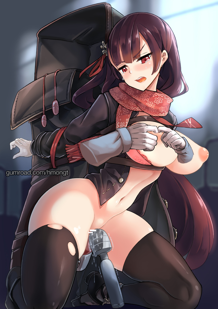 arms_behind_back bar_censor black_legwear blush bondage bound bound_arms breasts censored chocolate_hair dildo egg_vibrator female girls'_frontline hair_ribbon half_updo hitachi_magic_wand inverted_nipples kneeling large_breasts long_hair luggage navel nipples open_mouth phandit_thirathon puffy_nipples pussy_juice red_eyes red_ribbon ribbon scarf solo_focus spread_nipple tears thighhighs torn_clothes torn_thighhighs very_long_hair vibrator wa2000_(girls'_frontline)