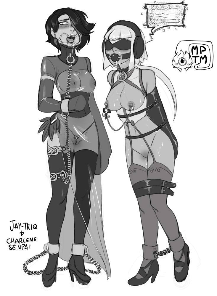 ankle cuffs, arms behind back, ball gag, bondage, breasts, breasts out, chains, cinder fall, collar, cuffs, emerald sustrai, female, femsub, gag, headphones, monochrome, multiple females, multiple girls, multiple subs, my pet tentacle monster, nipple clamps, nipples, open mouth gag, pussy, rwby, wrist cuffs