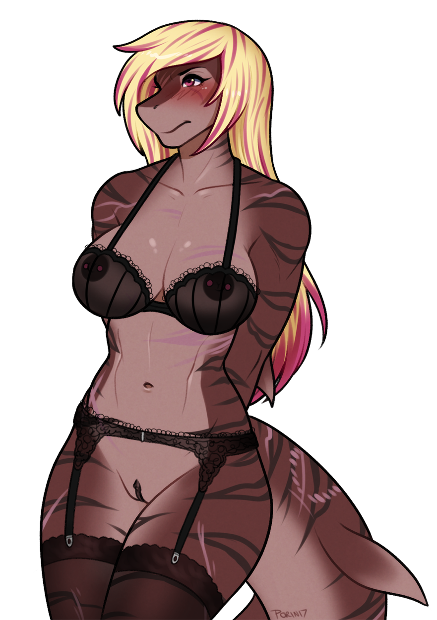 2017 alpha_channel anthro big_breasts blonde_hair blush bra breasts clothing cute female female_only fish garter garter_belt garter_straps gills hair kalie klenerschluchti legwear lingerie looking_away marine muscular navel nipple_piercing nipples non-mammal_breasts piercing pink_eyes porin pussy scar shark sheer_clothing simple_background solo stockings stripes thick_thighs thighhighs tiger_shark translucent transparent_background transparent_clothing underwear voluptuous wide_hips