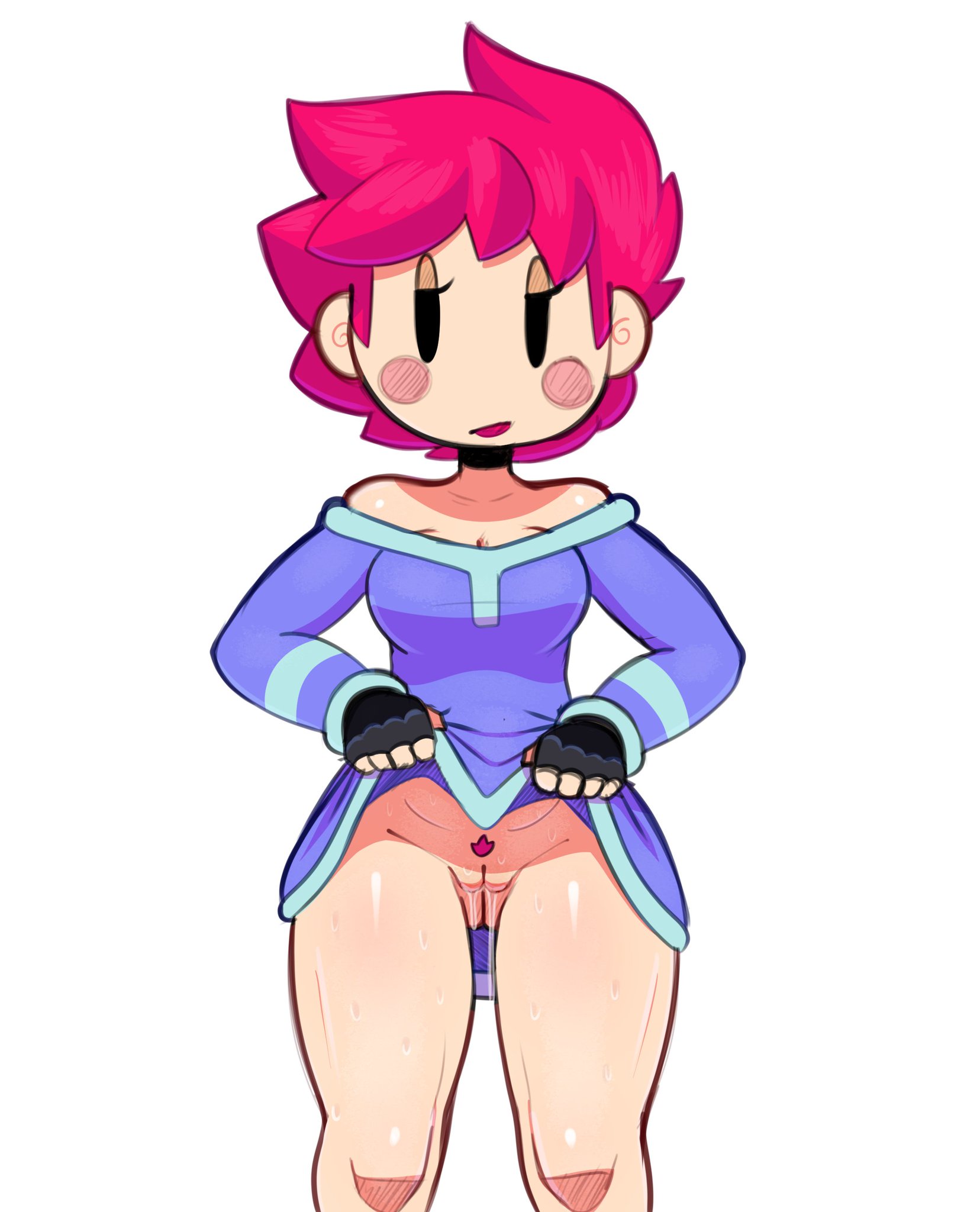 1girls, bare shoulders, bottomless, clothed, female, female only, kumatora, light skin, looking at viewer, mob face, mostly clothed, mother (series), mother 3, nintendo, no panties, no pants, pink hair, pubic hair, pubic tuft, pussy, pussy juice, revealing pussy, shirt, short hair, simple background, solo, somescrub, sweat, sweating, upskirt, vagina