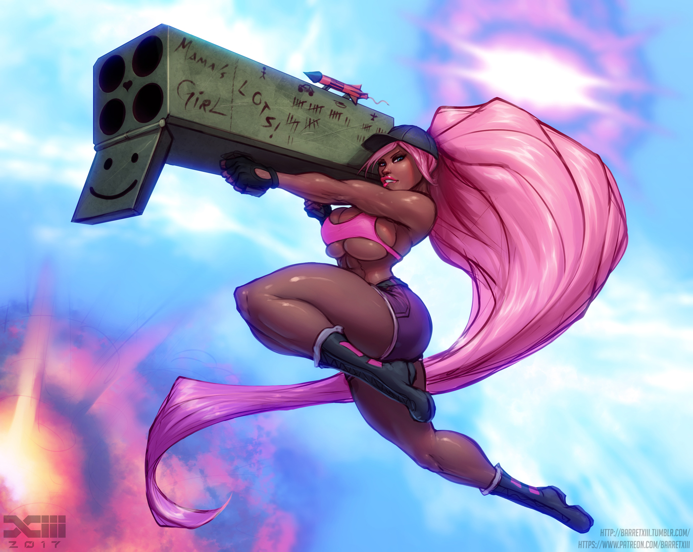 abs, barretxiii, big lips, biting lip, blue eyes, boom-boom (barretxiii), boots, breasts, cap, cleavage, daisy dukes, dark skin, dark-skinned female, female, female only, fingerless gloves, gloves, large breasts, long hair, muscular, muscular female, pink hair, ponytail, rocket launcher, solo, tan body, thick legs, thick thighs, thighs, toned, weapon