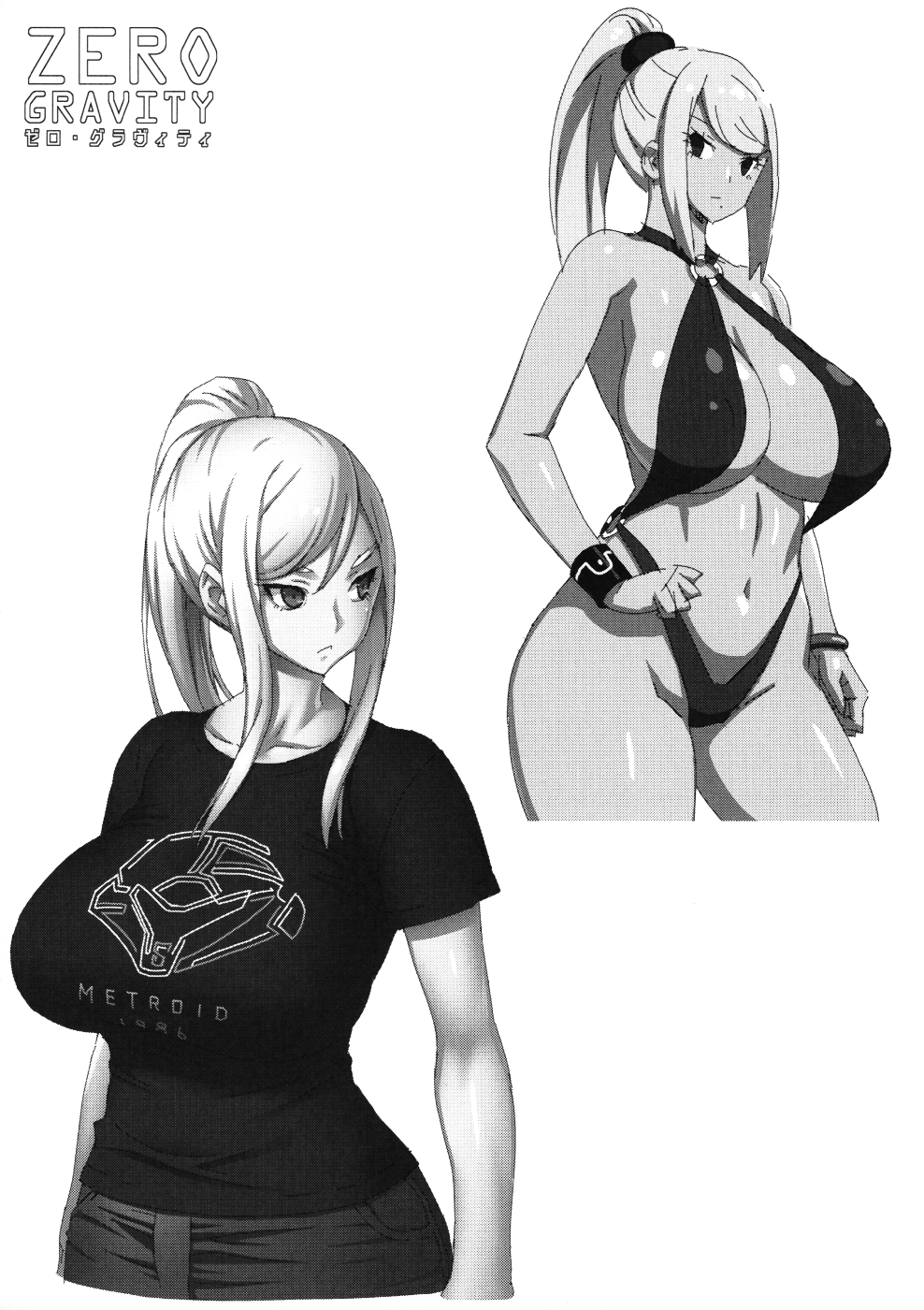 bangs, big breasts, bikini, bikini bottom, bikini top, breasts, comic, doujinshi, english, female, hairband, huge breasts, large breasts, metroid, mole, mole under mouth, monochrome, nintendo, onomeshin, ponytail, ring, samus aran, t-shirt, tagme, text, wristband, wristwear