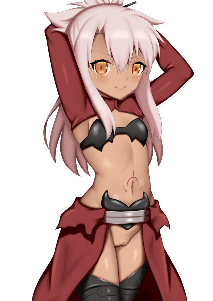 arms behind head, bikini top, black bikini, blush, chloe von einzbern, closed mouth, cowboy shot, dark skin, dark-skinned female, eyebrows visible through hair, fate (series), fate/kaleid liner prisma illya, female, hair between eyes, hairpin, long hair, midriff, navel, pink hair, pussy, red skirt, simple background, skirt, solo, standing, stomach tattoo, swimsuit, tattoo, thighhighs, tied hair, toshishikisai, uncensored, white background