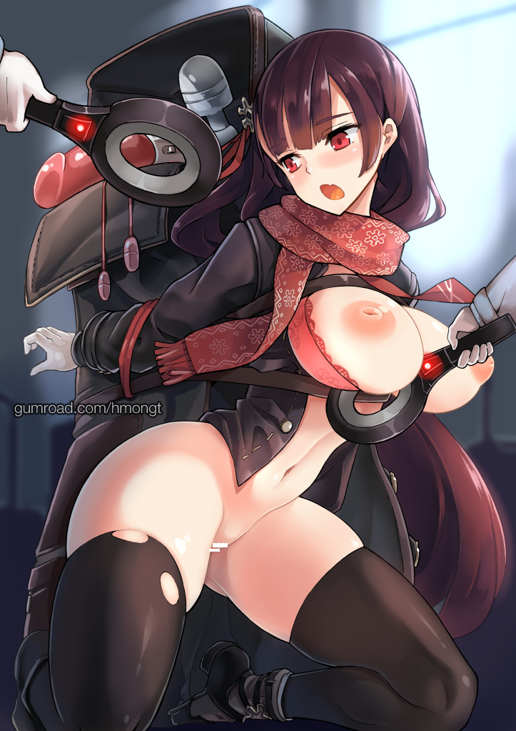 arms_behind_back bar_censor black_legwear blush bondage bound bound_arms breasts censored chocolate_hair cute_fang dildo egg_vibrator female girls'_frontline hair_ribbon half_updo hitachi_magic_wand inverted_nipples kneeling large_breasts long_hair luggage metal_detector navel nipples open_mouth phandit_thirathon puffy_nipples red_eyes red_ribbon ribbon scarf solo_focus thighhighs torn_clothes torn_thighhighs very_long_hair vibrator wa2000_(girls'_frontline)