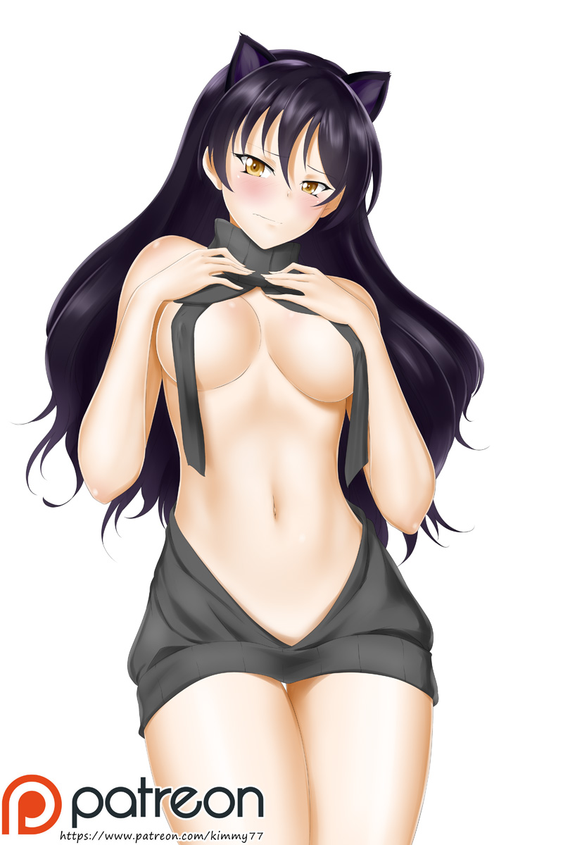 animal ears, black hair, blake belladonna, blush, breasts, breasts apart, erect nipples, erect nipples under clothes, female, hands on own chest, high resolution, kimmy77, large breasts, long hair, meme attire, navel, nekomimi, nipples, patreon logo, reverse virgin killer sweater, rwby, thighs, virgin killer sweater, watermark, web address, white background, yellow eyes