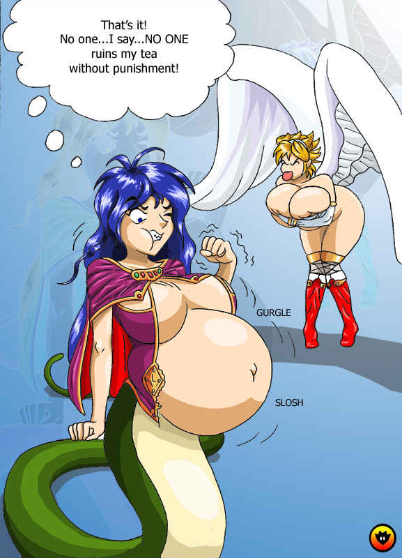 2girls big_belly big_breasts bleu breath_of_fire capcom cleavage clothing deis implied_vore lamia large_breasts monster_girl multiple_girls naga nina_(breath_of_fire_i) stomach_bulge tagme vore vore_belly winged_humanoid