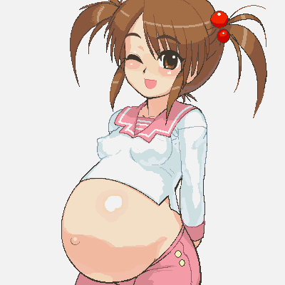 1girls aliasing belly blush breasts brown_eyebrows brown_eyes brown_hair clothed clothing coquelicot eyebrows_visible_through_hair eyes_visible_through_hair grey_background hair_bobbles hair_ornament hyper_pregnancy impossible_shirt long_sleeves looking_at_viewer lowres mascara nipples_visible_through_clothing oekaki open_smile pink_pants pregnant ready_to_pop red_entertainment sakura_taisen_iii sakura_wars schoolgirl schoolgirl_uniform sega serafuku shirt_lift small_breasts solo tenseiani thick_eyebrows white_background wink