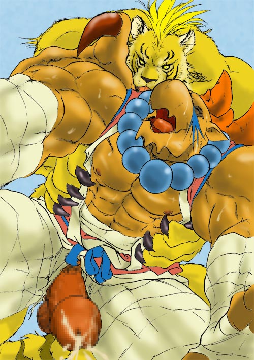 anthro breath_of_fire breath_of_fire_iii censored clothing cum furry garr_(breath_of_fire) male_only rei_(breath_of_fire) tagme yaoi