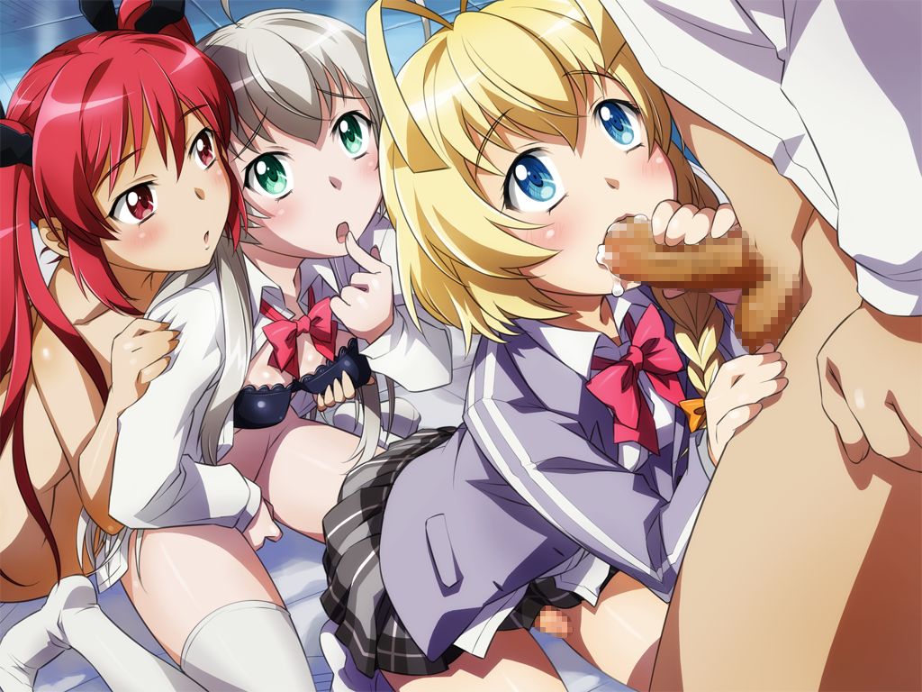 2boys 2girls androgynous anklehighs arched_back bisexual blonde_hair blue_eyes blush bottomless breasts_grab censored crossdressing cthugha_(nyaruko-san) cum cum_in_mouth cum_inside erection feet fellatio femboy gay girly green_eyes hair haiyore!_nyaruko-san hastur_(nyaruko-san) long_hair male masturbation multiple_boys multiple_girls no_shoes nyarlathotep_(nyaruko-san) open_clothes open_mouth open_shirt oral penis red_eyes red_hair sameha_ikuya shirt silver_hair skirt socks thigh_socks thighhighs turn_cuff_socks white_legwear white_socks yaoi