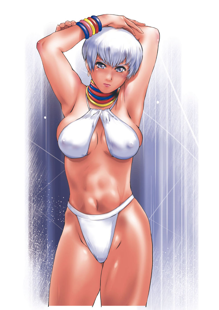 1girls alternate_skin_color bare_shoulders big_breasts blue_eyes bracelet breasts busty clothed clothing color colored curvy earrings elena_(street_fighter) erect_nipples female female_only human human_only large_breasts light-skinned_female light_skin mine_(peak) navel necklace nipples short_hair solo straight_hair street_fighter tagme uncensored voluptuous white_hair