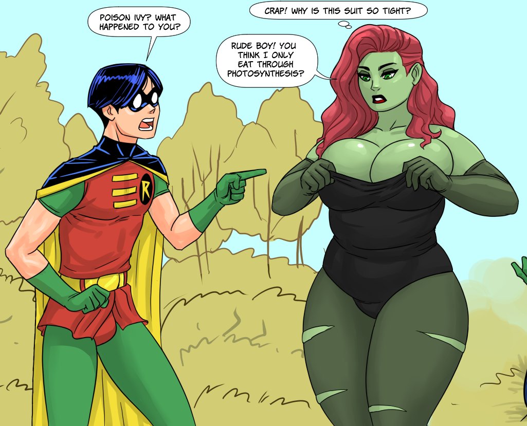 1boy 1girls 2d batman_(series) big_breasts black_hair cape chubby chubby_female dc dc_comics dialogue english_text female flick gloves green-skinned_female green_skin large_breasts light-skinned_male male male/female milfification poison_ivy red_hair robin_(dc) robin_(tim_drake) speech_bubble straight_hair superhero text thick thick_body thick_thighs thought_bubble tim_drake villainess voluptuous voluptuous_female wide_hips