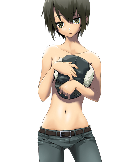 1girls androgynous belt black_hair bottomwear clothes clothing color covering_breasts female female_only flat_chest front_view fur_hat hat headgear holding holding_hat human jeans kino kino_no_tabi navel nilitsu short_hair solo tomboy topless white_background yellow_eyes