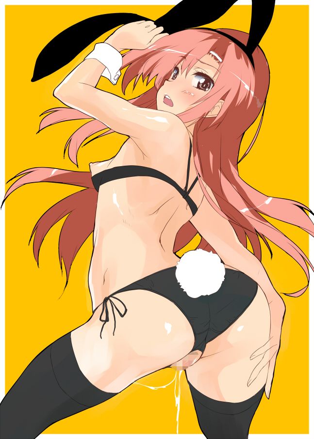 animal_ears black_legwear blush breasts bunny_ears bunny_tail censored crotchless_clothes crotchless_panties female hayate_no_gotoku! katsura_hinagiku kisairo_kaede long_hair open_mouth panties pink_hair pussy_juice shiny shiny_skin side-tie_panties solo tail thighhighs underwear wrist_cuffs