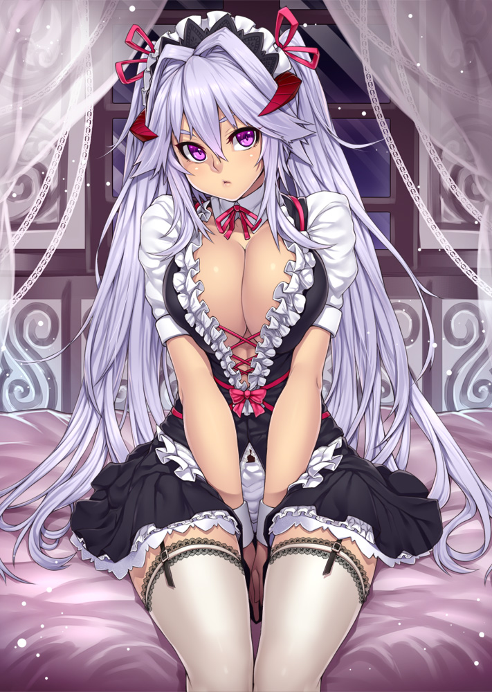 breasts, demon, demon girl, demon horns, demon tail, devil girl, female, garter straps, hair intakes, horns, houtengeki, large breasts, lavender hair, long hair, looking back, maid, maid headdress, original, purple eyes, smile, solo, thighhighs, tied hair, twintails, underwear, white legwear, wrist cuffs