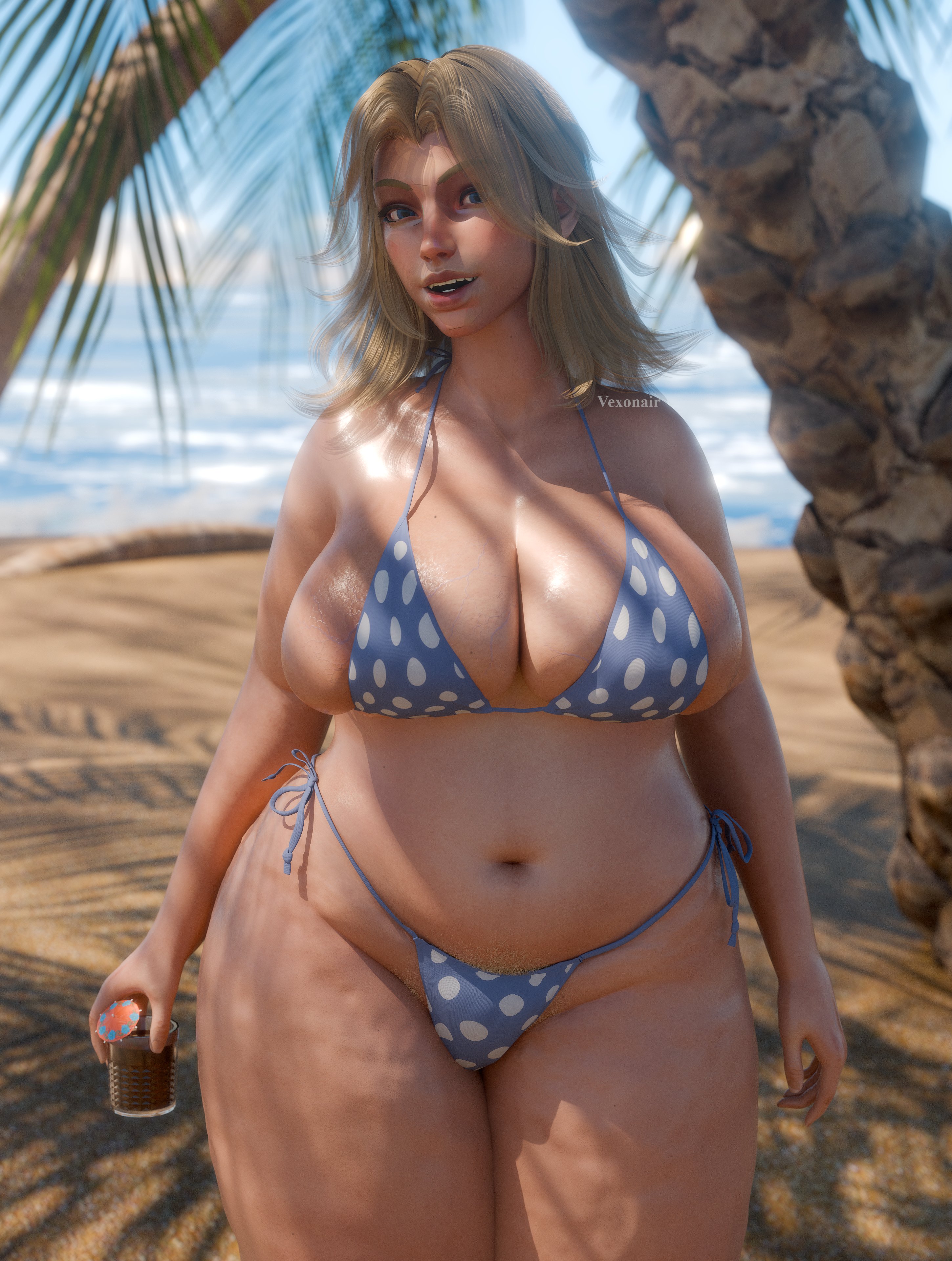 1girls, 3d, 3d (artwork), bbw, bbw mom, belly button, big breasts, bikini, bikini only, blonde female, blonde hair, child bearing hips, chubby, chubby female, fantastic four, hips, hips wider than shoulders, holding drink, huge breasts, invisible woman, invisible woman (marvel rivals), looking at viewer, marvel, marvel comics, marvel rivals, micro bikini, milf, overflowing breasts, small clothes, solo, solo female, sue richards, sue storm, thick, thick thighs, vexonair, wide hips