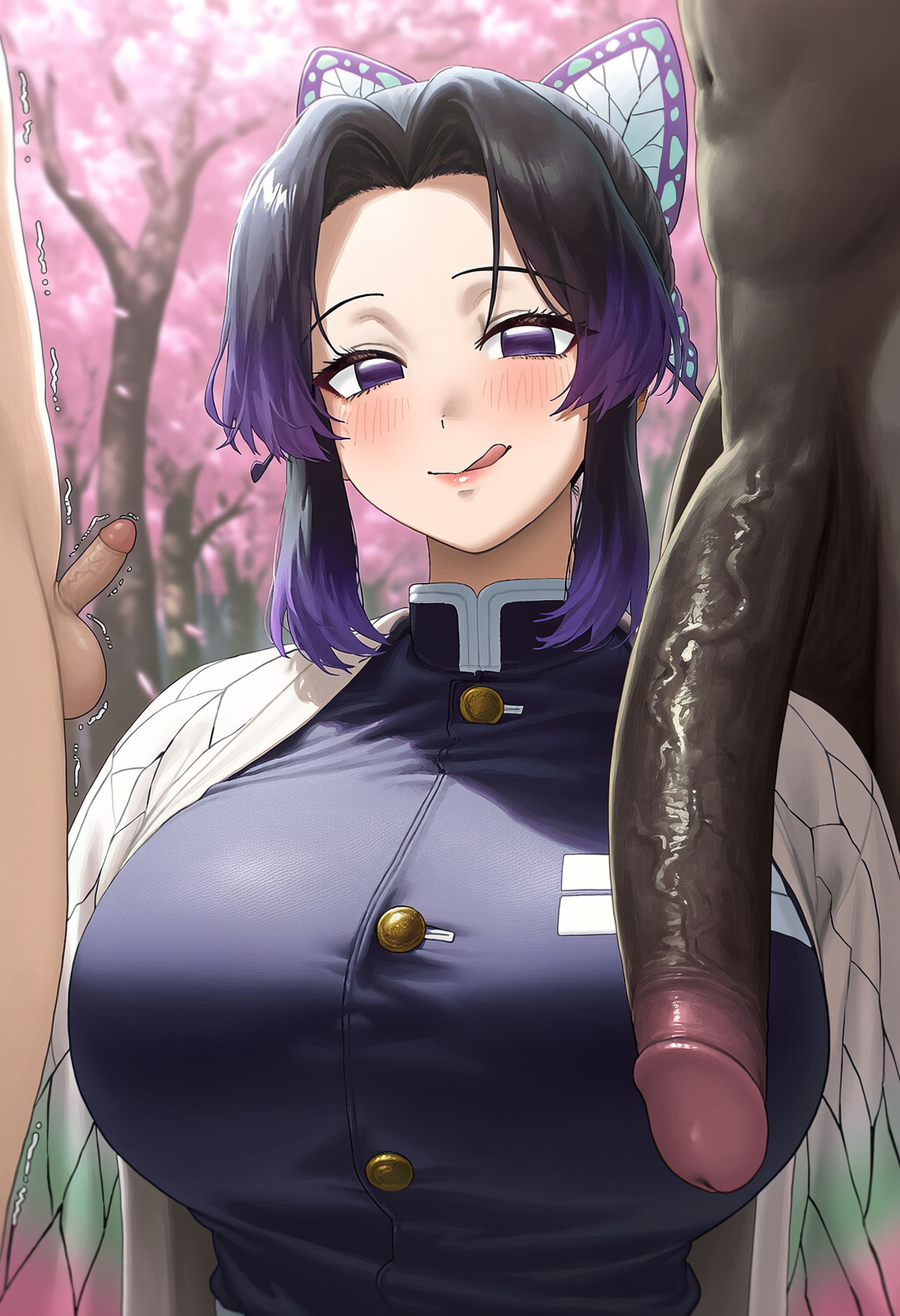 1girls, 2boys, ai generated, big breasts, big cock, big penis, blush, butterfly hair ornament, dark-skinned male, demon slayer, kimetsu no yaiba, kochou shinobu, light-skinned female, light-skinned male, mikayori, mixed hair color, penis comparison, penis size difference, purple eyes, small penis, tongue out