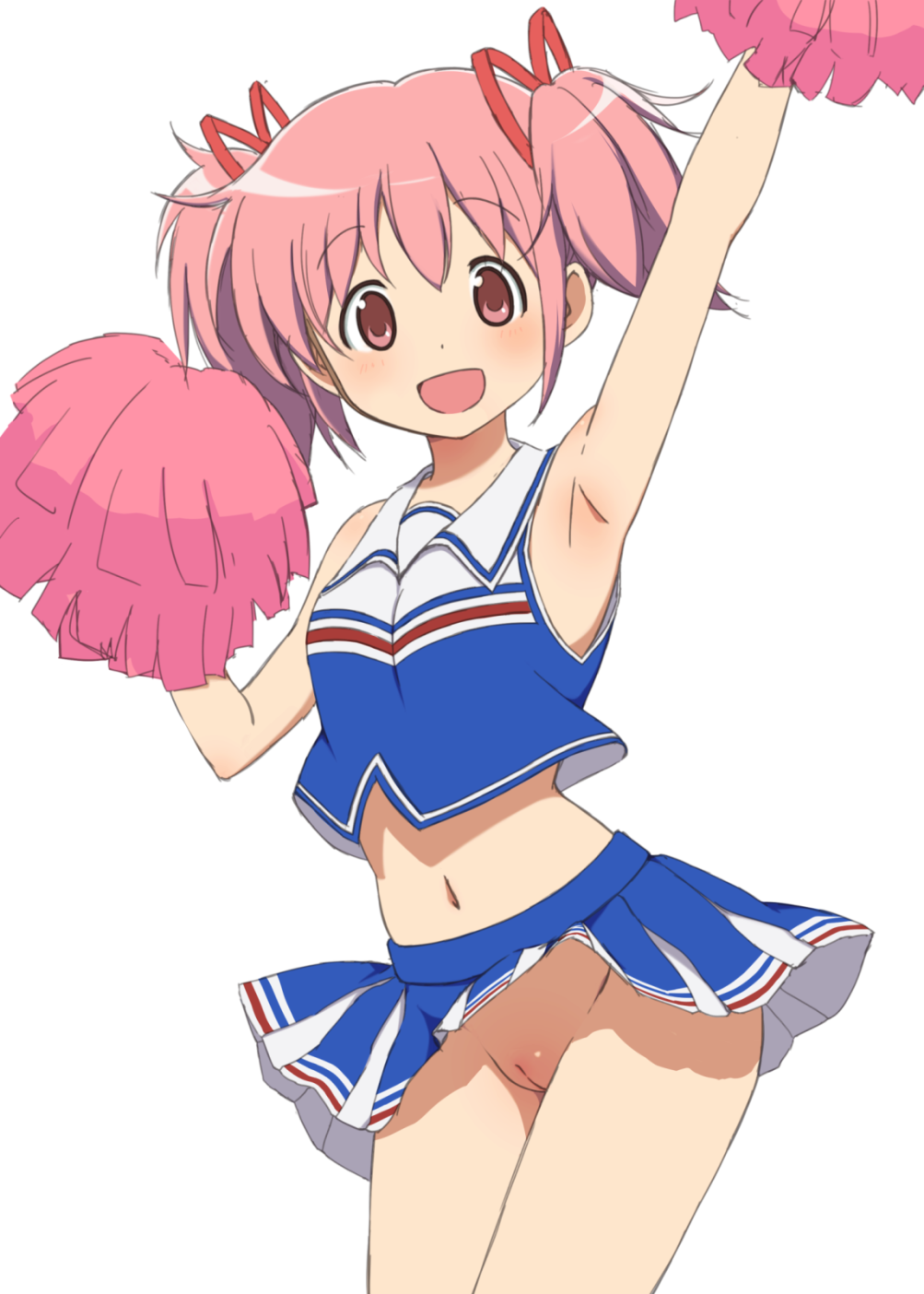 :d alternate_costume armpits bangs bare_arms bare_shoulders blue_skirt blush cheerleader cleft_of_venus commentary_request cowboy_shot crop_top denkaisui eyebrows_visible_through_hair female groin hair_ribbon highres holding innie_pussy looking_at_viewer madoka_kaname mahou_shoujo_madoka_magica navel no_panties open_mouth pink_hair pom_poms red_eyes red_ribbon ribbon short_hair skirt sleeveless smile solo standing two_side_up uncensored upskirt