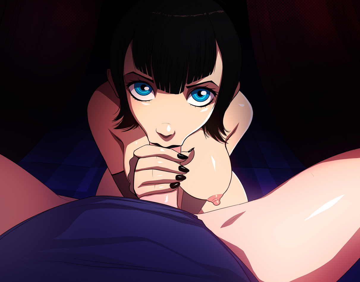 :>=, 1boy, 1girls, areolae, breasts, erection, fellatio, female, hotel transylvania, looking at viewer, male, mavis dracula, nipples, oral, partial male, penis, pov, straight, triplexmile