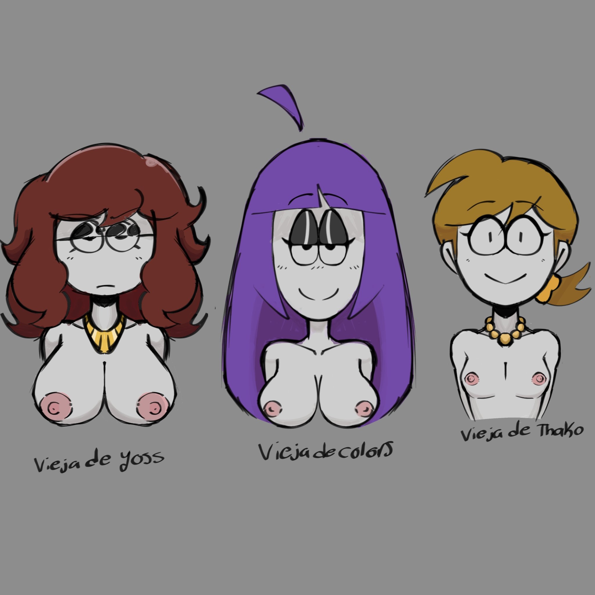 3girls, boobs, boobs out, breasts, breasts out, brown hair, carmen (spooky month), female, grey background, jaune (spooky month), lila (spooky month), purple hair, spooky month, tagme, thako ch, yellow hair