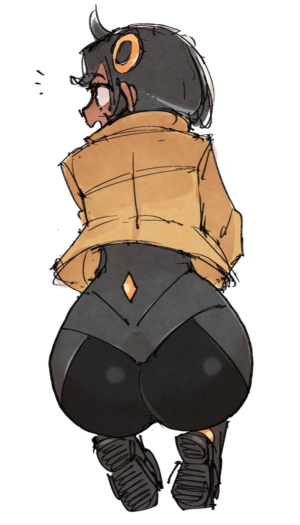 1girls, ass, ass focus, back view, big ass, black hair, bodysuit, coat, cropped jacket, crouching, crouching female, curvy, cute face, emma (pokemon legends: z-a), emma (pokemon), female, female only, huge ass, jacket, jelatshoo, jpeg, matiere (pokemon legends: z-a), matiere (pokemon), pokemon, pokemon legends: z-a, presenting hindquarters, short hair, skintight, skintight bodysuit, solo