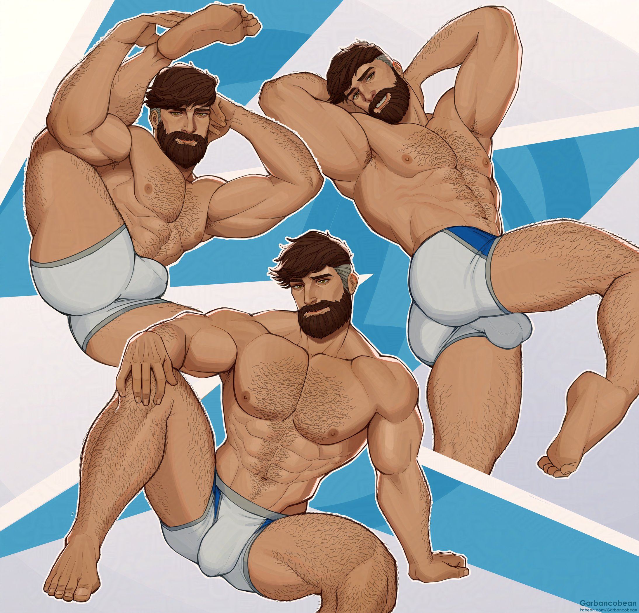 1boy, abs, amber eyes, armpit hair, arms up, ass, back view, bara, beard, big ass (male), big bulge, body hair, boxers, boxers only, brown hair, bulge, chest hair, daddy, dilf, fantastic four, garbancobean, gay, hairy, hairy abs, hairy armpits, hairy chest, hairy legs, hairy male, hairy stomach, hairy thighs, hands behind head, human, human only, legs apart, legs spread, legs up, light skin, light-skinned male, looking at viewer, male, male only, manly, marvel, marvel comics, marvel rivals, mature, mature male, mr fantastic, mr fantastic (marvel rivals), muscular, muscular male, nipples, pecs, pectorals, pose, posing, reed richards, reed richards (marvel rivals), silver fox, six pack, solo, solo focus, solo male, spreading legs, thick beard, underwear, underwear only, white boxers, white underwear
