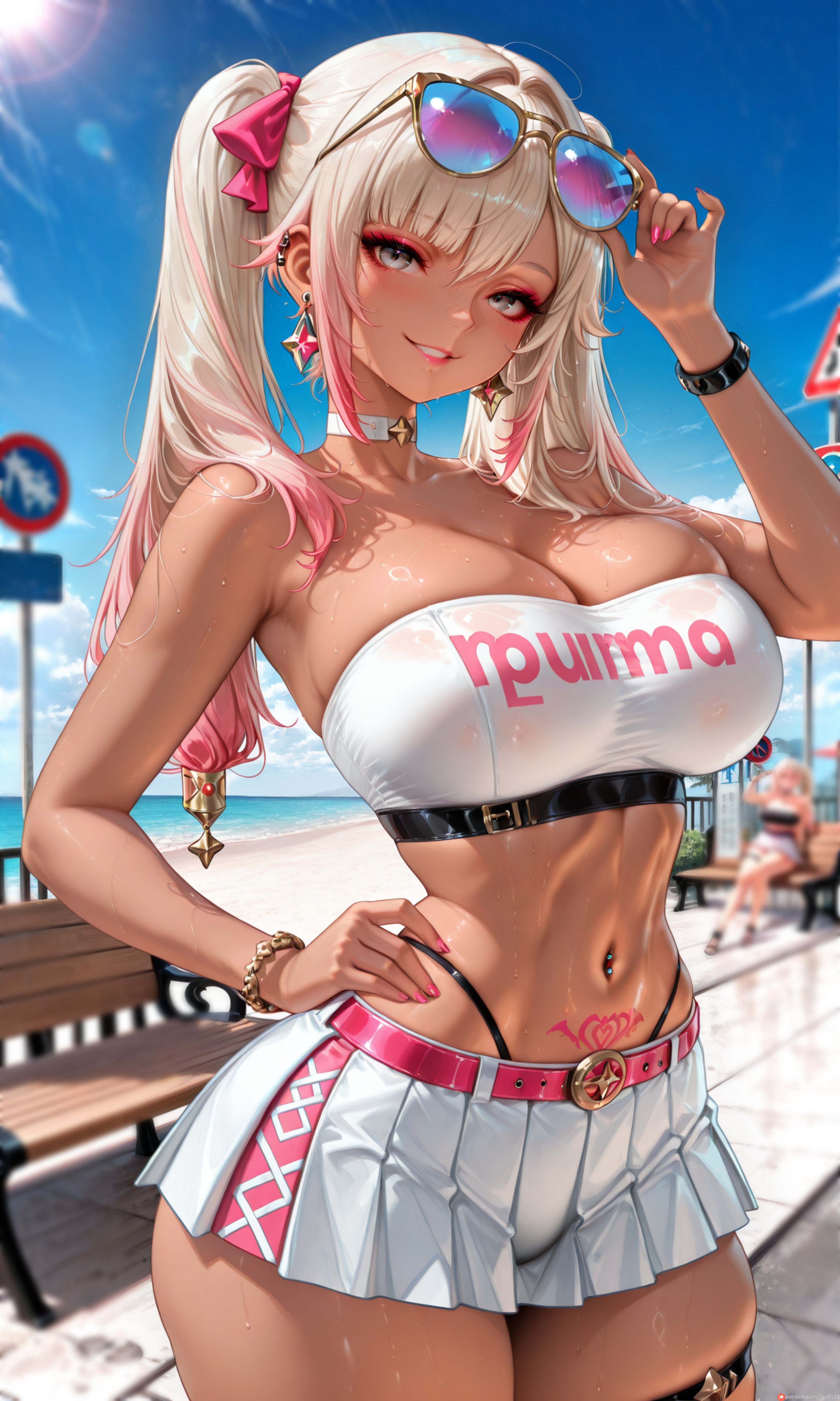 2girls, adjusting eyewear, ai generated, bandeau, bangs, bare shoulders, beach, belt, bimbo, bimbofication, blonde hair, blue sky, blurry, blurry background, blush, bow, bracelet, breasts, choker, cleavage, cloud, collarbone, cowboy shot, crop top, dark skin, dark-skinned female, day, ear piercing, earrings, eyeshadow, eyewear on head, fingernails, genshin impact, glint, gradient hair, grey eyes, grin, gyaru, hair bow, hair ribbon, hand on eyewear, hand on hip, heart, highleg, jewelry, large breasts, long hair, looking at viewer, makeup, midriff, miniskirt, mona (genshin impact), multicolored hair, multiple girls, nail polish, navel, navel piercing, outdoors, panties, parted lips, piercing, pink bow, pink choker, pink hair, pink nails, pink ribbon, pleated skirt, pubic tattoo, red nails, ribbon, see-through, sign, skindentation, skirt, sky, smile, solo focus, standing, stomach, strapless, sunglasses, sweat, tan, tattoo, tgv9173, thigh strap, thighs, tube top, twintails, underwear, wet, white skirt