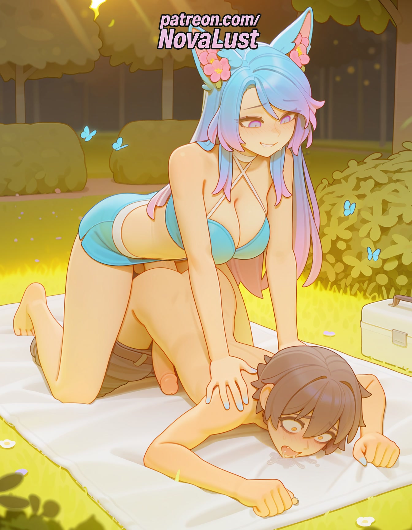 1boy, 1futa, 2025, ai generated, anal, anal sex, animal ears, artist name, barefoot, blue bikini, breasts, brown hair, bug, bust, butterfly, chest, cock, dick, drooling, feet, flower, futa on male, futanari, hair flower, hi res, high quality, high resolution, highres, multiple boys, novalust, otoko no ko, patreon, patreon username, penis, sex, silvervale, stable diffusion, testicles, toes, tree, virtual youtuber, watermark