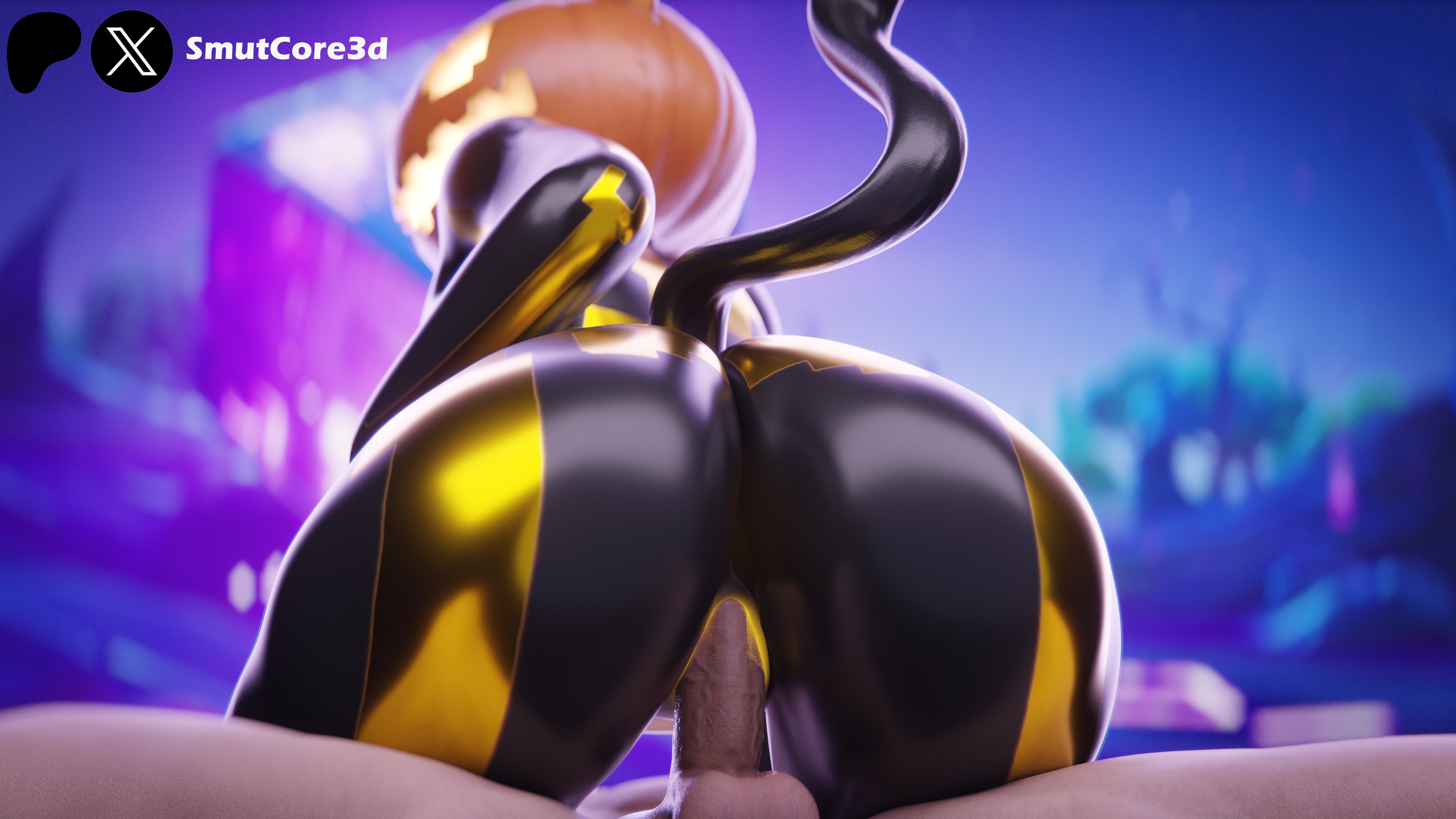 1boy, 1girls, 2025, 3d, anthro, artist name, ass, ass focus, big ass, black body, cat ears, cat girl, cat tail, catgirl, cowgirl position, female, female anthro, female on top, fortnite, glowing eyes, glowing genitalia, glowing pussy, humanoid, interspecies, light skin, light-skinned male, low-angle view, male, monster, monster girl, non-human, nude, nude female, nude male, on back, outdoors, penis, pumpkin, pumpkin head, pussy, riding, riding penis, sex, smutcore3d, spice (fortnite), tail, thick thighs, thighs, vaginal penetration, video games, viewed from below, wide hips