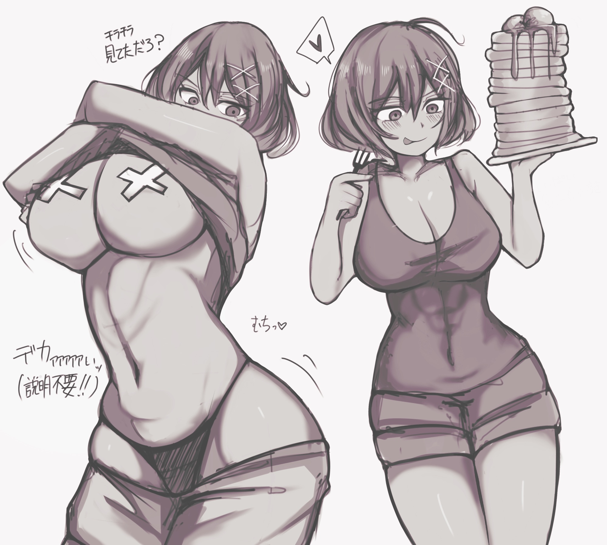 1girls, bare shoulders, beni imo, beni imo (beniimo45450721), big breasts, blush, breasts, eye contact, female, female only, friday night funkin, greyscale, hips, huge breasts, human, human only, humanized, large breasts, looking at viewer, monochrome, pancake, rule 63, short hair, shorts, solo, solo female, spoken heart, standing, text, thick, thick thighs, thighs, thong, translation request, undressing, whitty (friday night funkin), wide hips
