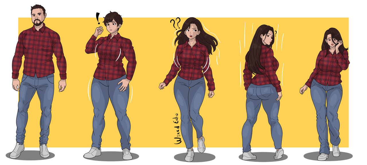 !, ?, ??, 1boy, 1girl, ass, breast expansion, breast growth, brown hair, denim, facial hair, full body, gender transformation, genderswap, genderswap (mtf), hair growth, height reduction, hip expansion, hips, jeans, long hair, mtf transformation, mustache, pants, plaid, plaid shirt, red shirt, sequence, shoes, shrinking, standing, transformation, transformation sequence, wide hips, wixedecho, yellow background