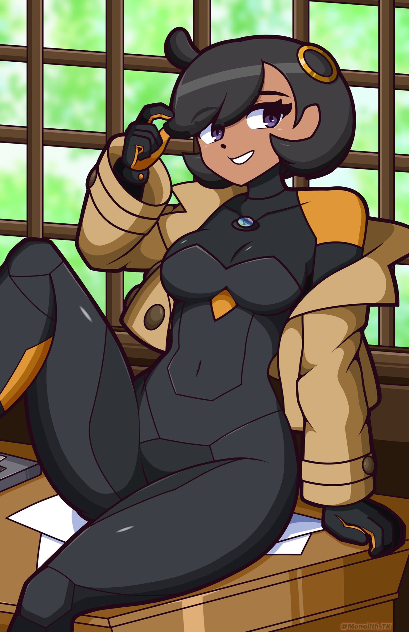 1girls, black hair, bodysuit, breasts, brown skin, cropped jacket, curvy, desk, emma (pokemon legends: z-a), emma (pokemon), female, female only, inviting, matiere (pokemon legends: z-a), matiere (pokemon), monolith tk, open jacket, pokemon, pokemon legends: z-a, presenting, short hair, sitting, sitting on desk, skintight, skintight bodysuit, solo, suggestive, suggestive pose, wide hips