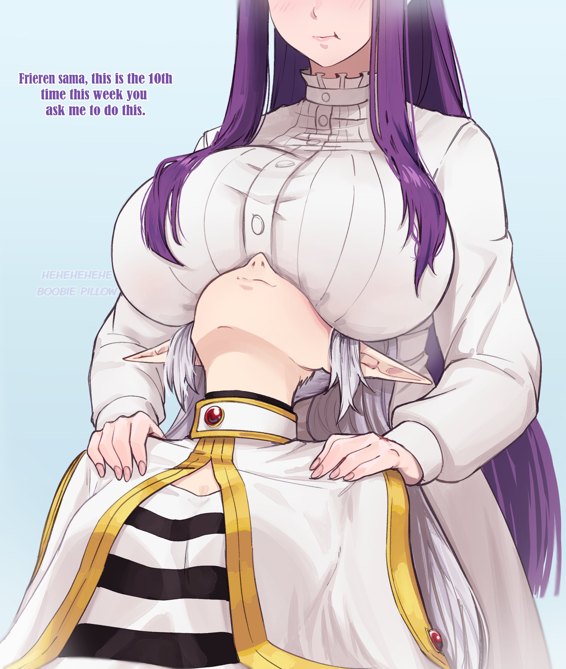 2girls, breasts, breasts focus, breasts on head, elf, elf ears, elf girl, english text, fat breasts, female, female only, fern (sousou no frieren), frieren, frieren beyond journey's end, hentaly, large breasts, meme, multiple girls, pointy ears, sousou no frieren, text, upward angle frieren drawing (meme), yuri