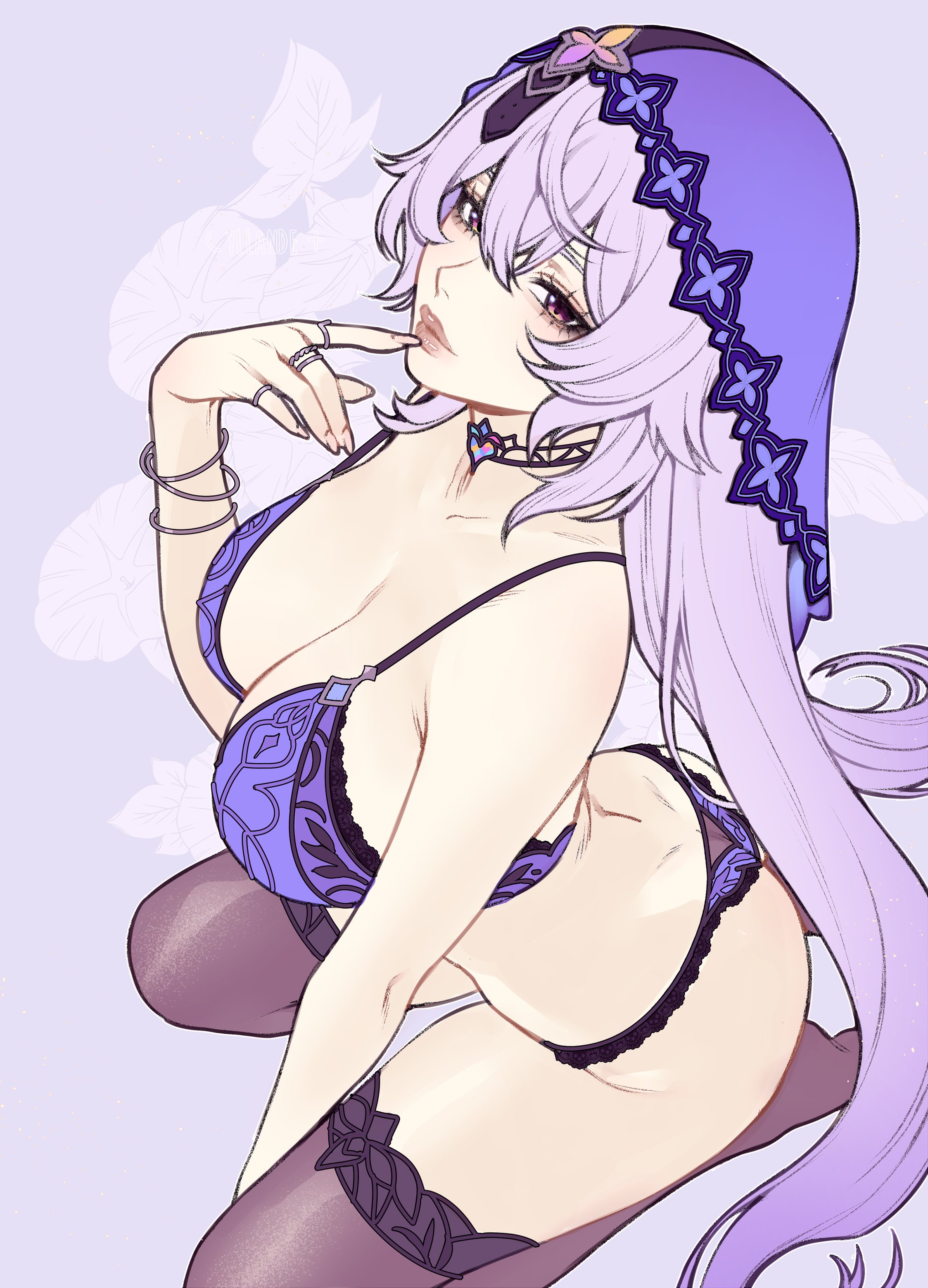 1girls, big breasts, black swan (honkai: star rail), bra, bracelet, breasts, cleavage, finger to mouth, hair between eyes, honkai (series), honkai: star rail, jewelry, lips, long hair, looking at viewer, panties, parted lips, purple background, purple bra, purple eyes, purple hair, purple panties, ring, simple background, sitting, solo, thighhighs, thighs, underwear, underwear only, veil, very long hair, wariza, yiiande