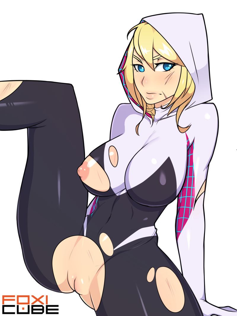1girls, areola, areolae, big breasts, breasts, busty, cameltoe, cleavage, female, female only, foxicube, gwen stacy, large breasts, marvel, marvel comics, nipples, pussy, solo, spider-gwen, spider-man (series), spread legs, torn clothes, vagina, voluptuous