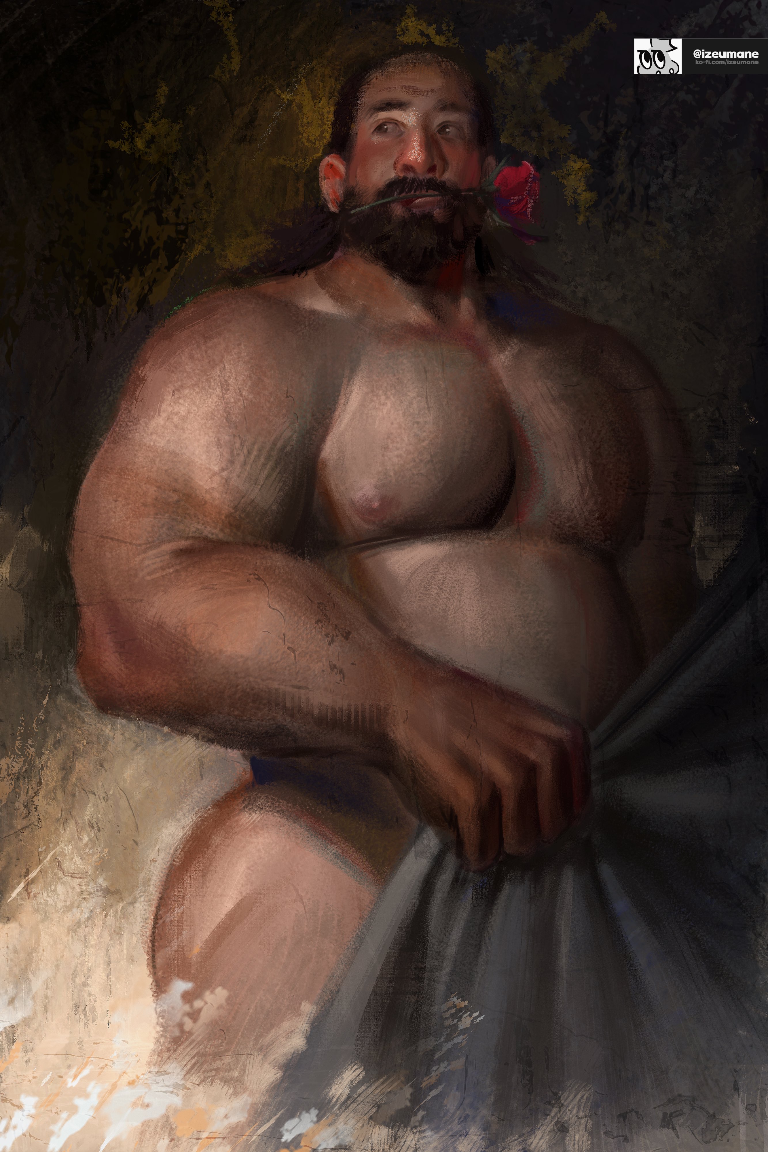1boy, bara, bara tits, beard, belly, big ass, big muscles, big pecs, brown hair, buff, busty, busty male, dad bod, daddy, dilf, flower, flower in mouth, greg universe, huge muscles, human, human only, izeumane, long hair, long hair male, male, male chest, male only, manboobs, manly, mature, mature male, moobs, muscles, muscular, muscular arms, muscular forearms, muscular male, naked, nipples, nude, nude male, pecs, pectorals, solo, solo focus, solo male, standing, steven universe, tanline, thick forearms, thick thighs, towel, valentine's day