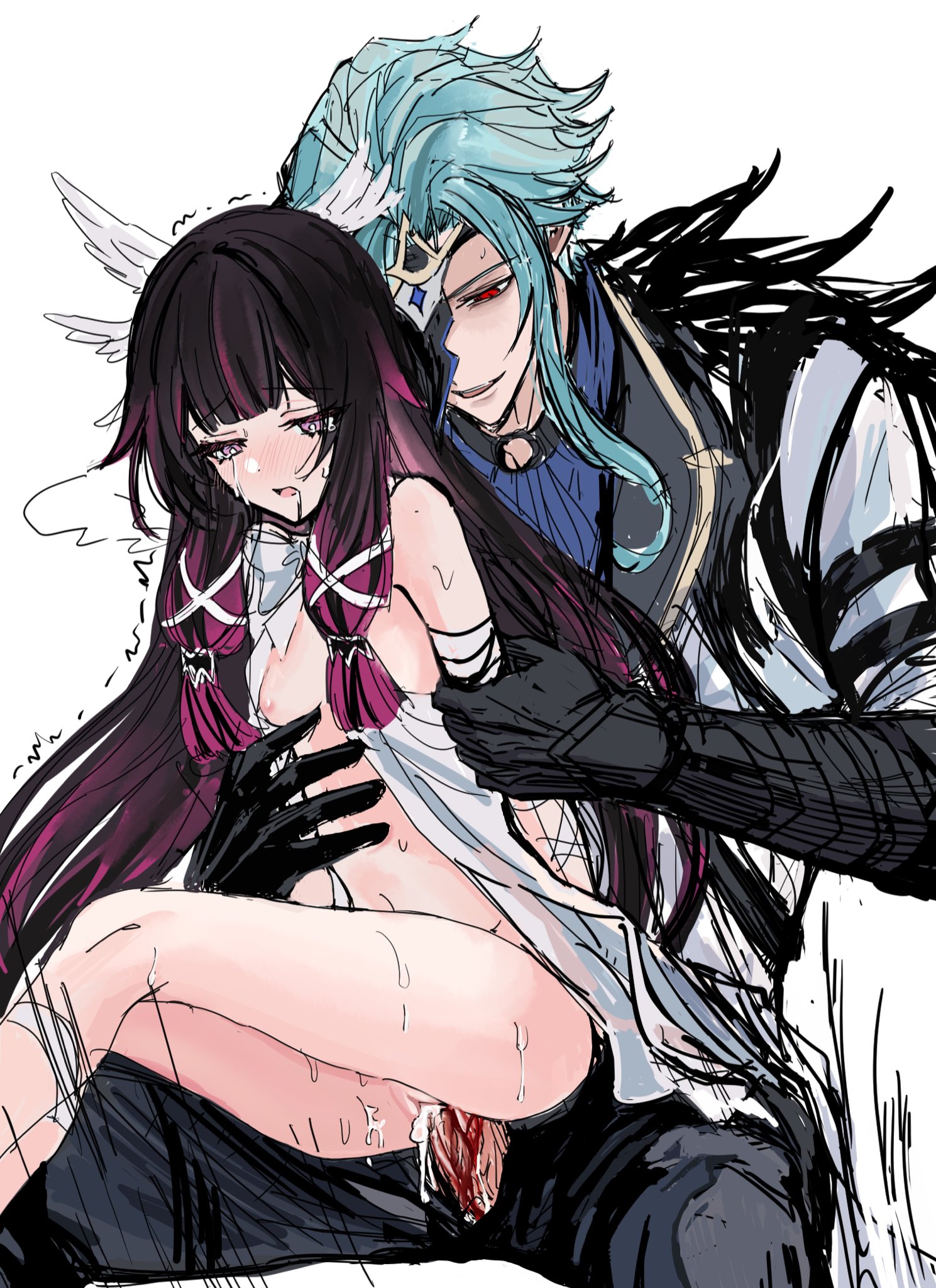 1boy, 1girls, bleeding from pussy, blood, clothed male nude female, columbina (genshin impact), crying, cum, cum in pussy, dottore (genshin impact), genshin impact, gloves, holding, larger male, long hair, mask, petite, simple background, size difference, sketch, small breasts, smaller female, smaller penetrated, submissive, virginal blood, weak resistance, white background, winter dog (alvis tayl96598)
